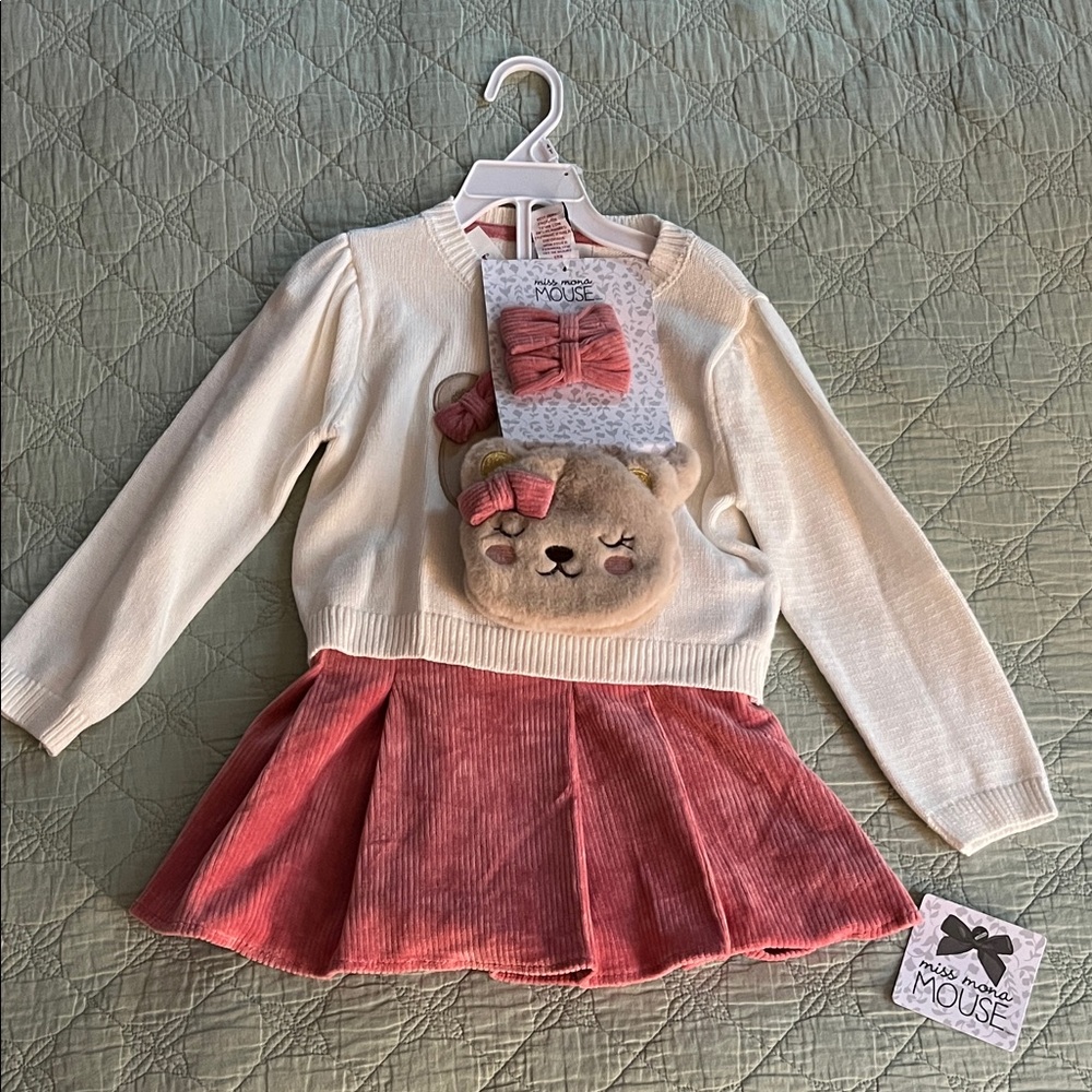 NWT, “Miss Mona Mouse” Cream & Dusty Rose Bear Sweater & Matching Skirt set